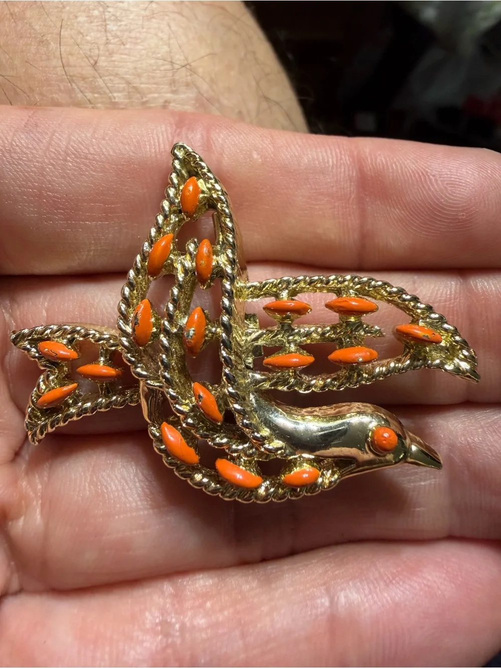 Vintage Gold-tone Bird Brooch with Vibrant Orange Enamel Accents